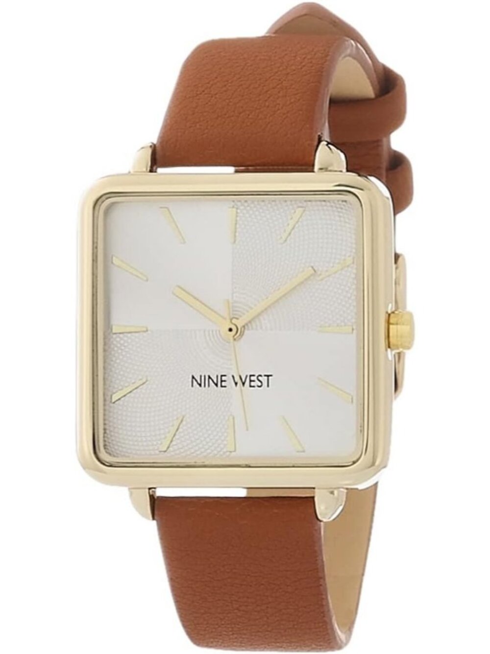 Nine West Women's Brown Gold Analog Quartz Solid Faux Leather Strap Square Watch